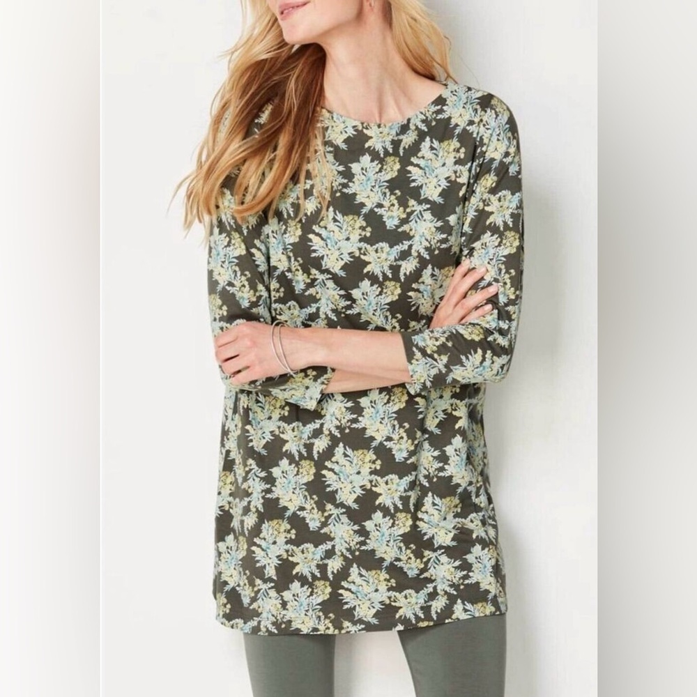 NWOT J.Jill Luxe Supima Floral Tunic Top 3/4 Sleeve Green Petite M
